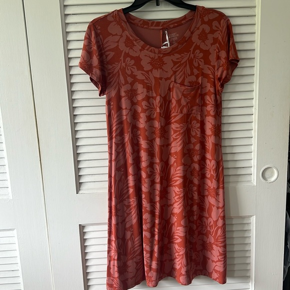 NWT Hawaiian print two tone burnt orange stretchy cap sleeve dress - Picture 2 of 4